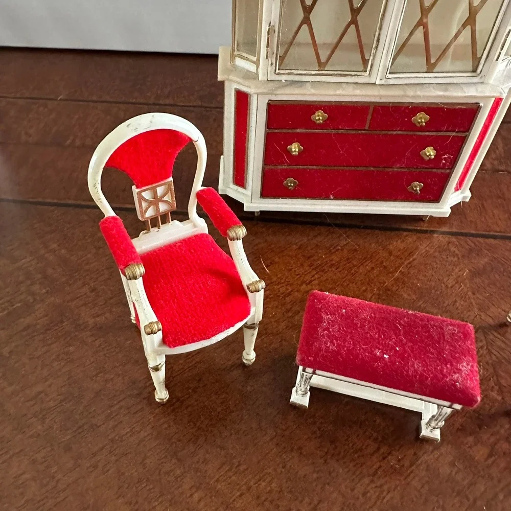 Vintage Miniature Dollhouse Furniture Set Red Velvet White Gold Hutch Chairs 4pc